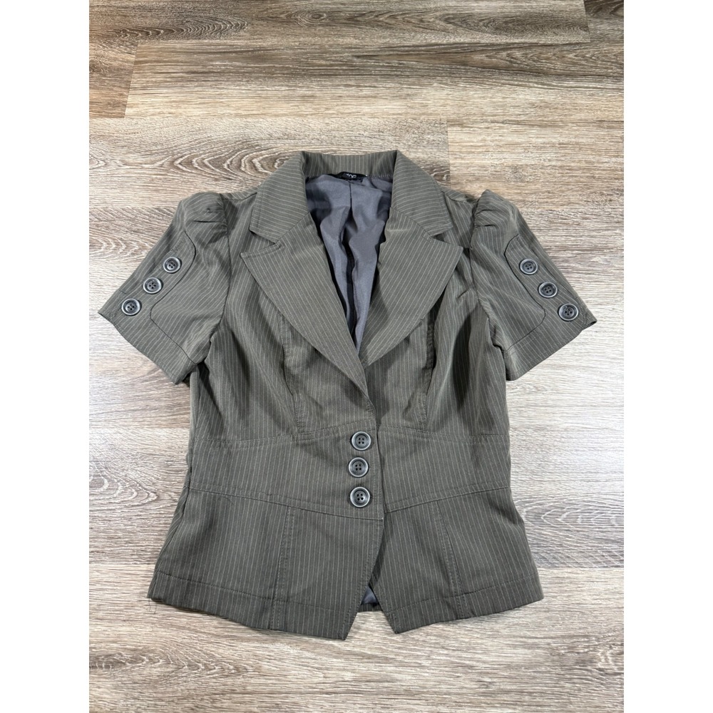 Zinc Blazer Jacket Womens Size M Gray Pinstripe Short Sleeve Puff Sleeve Peplum‎